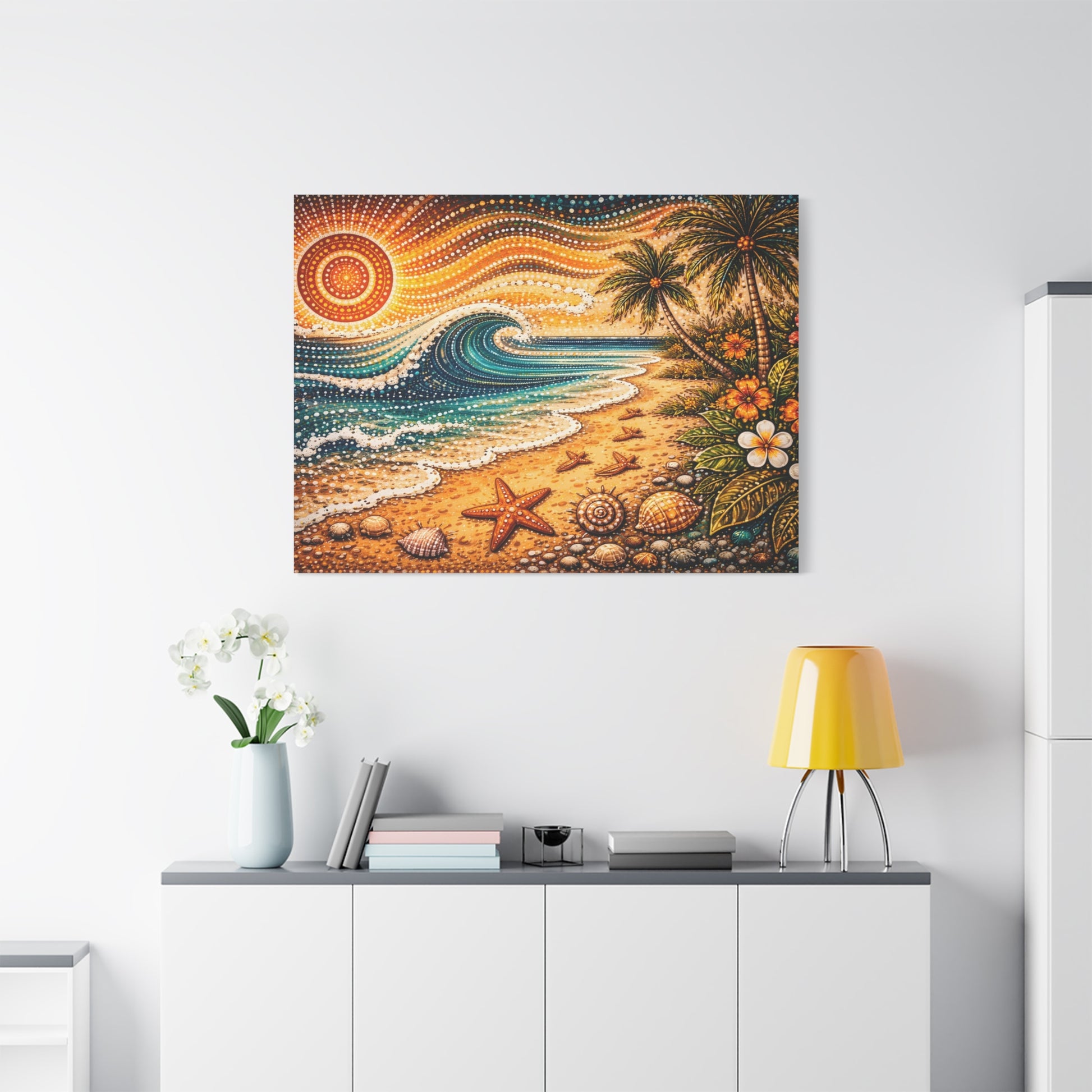 Tropical Beach Canvas Wall Art — Colorful Seascape with Palm Trees & Shells Canvas image 68