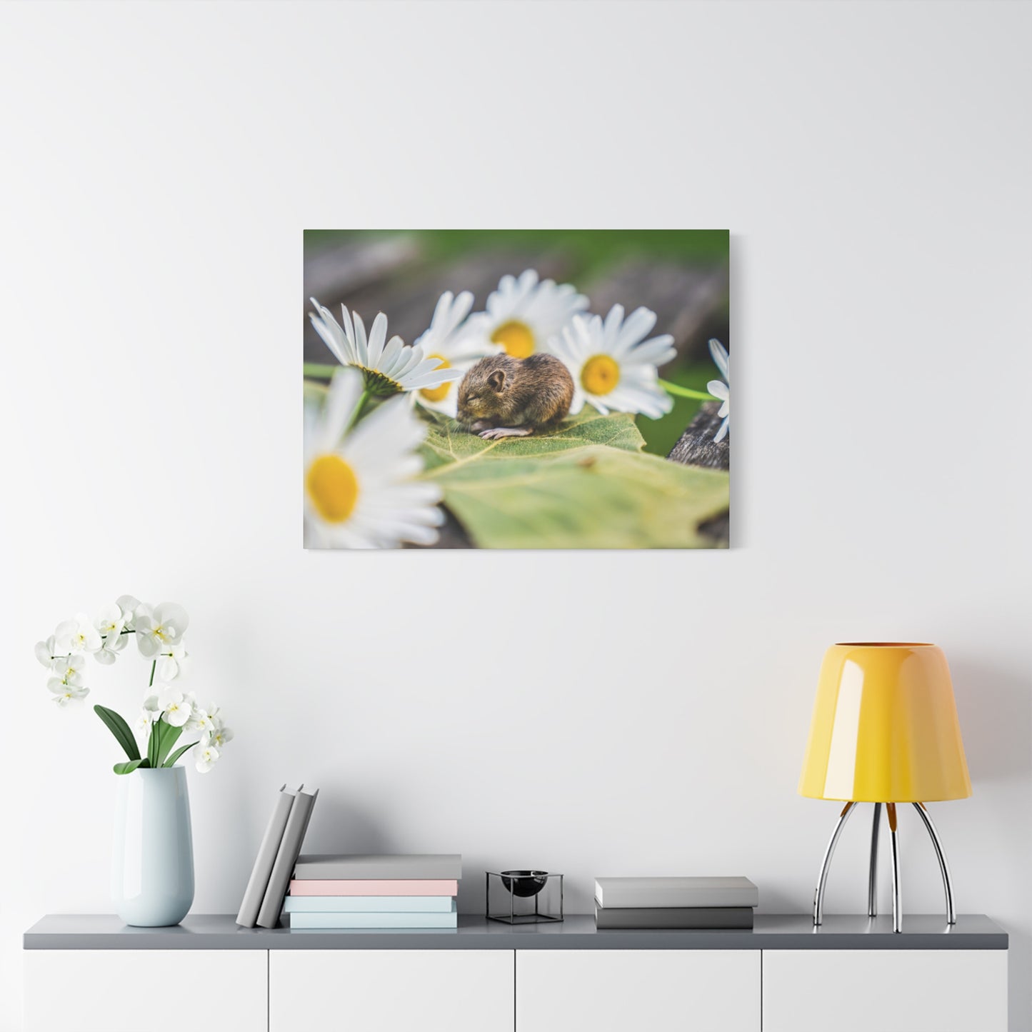 Whispers of Nature: Sleepy Mouse Amongst Daisies Canvas Art