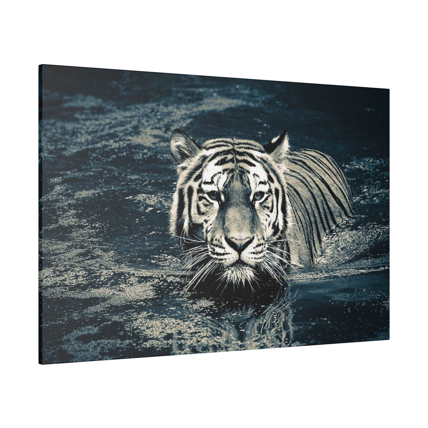 Stealth and Serenity: Monochrome Tiger Water Crossing Canvas Print