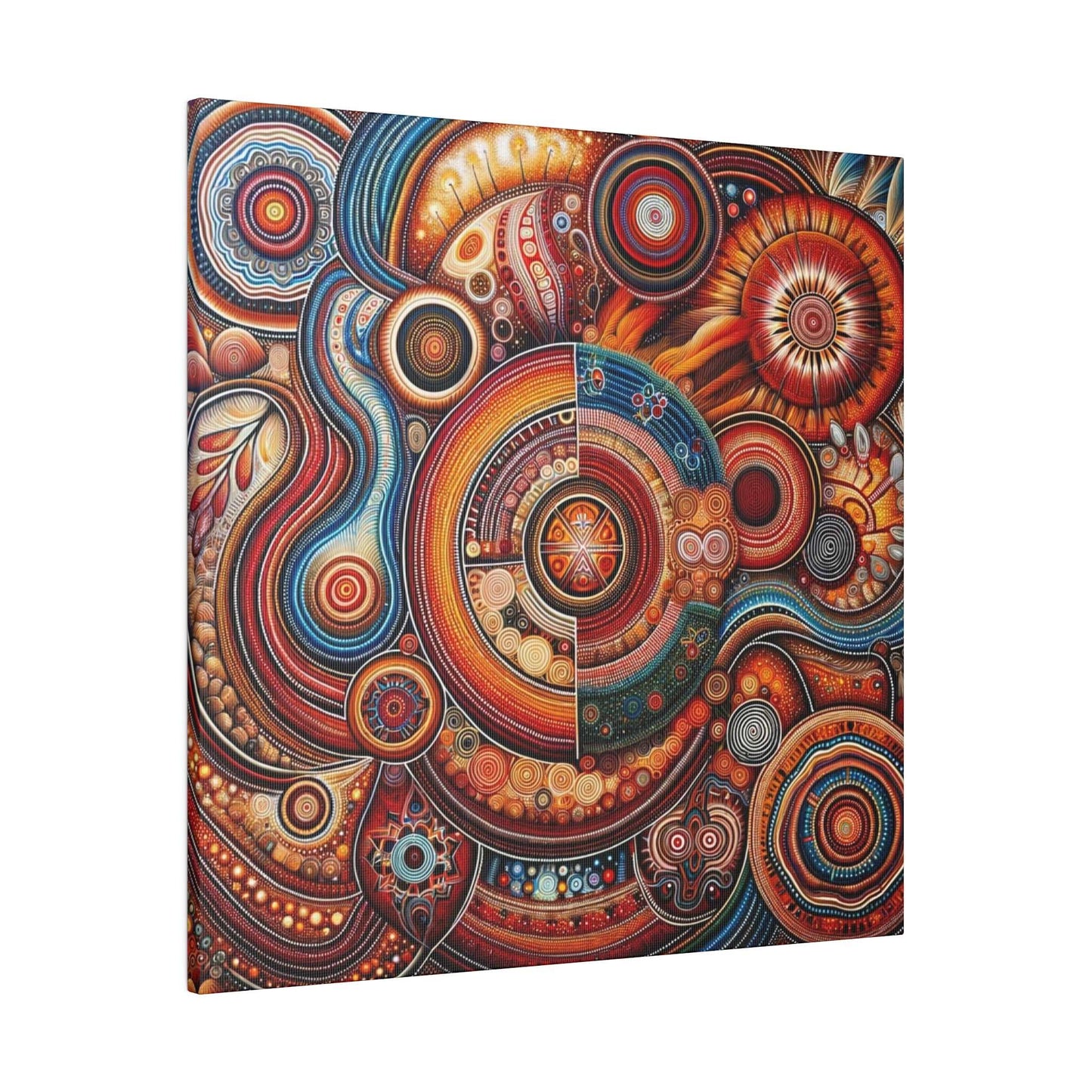 Aboriginal art inspired canvas print featuring circular, spiral patterns in red, orange, blue, and yellow.
