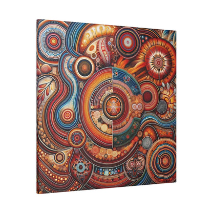 Aboriginal art inspired canvas print featuring circular, spiral patterns in red, orange, blue, and yellow.