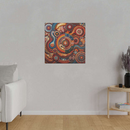 Square canvas print on a light wall featuring Aboriginal-inspired circular, swirling red, orange, and blue patterns.