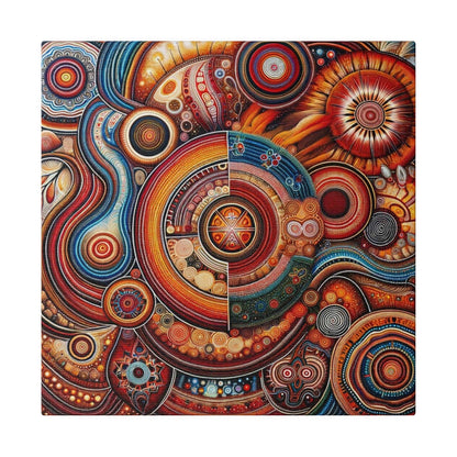 Colorful abstract canvas print featuring concentric circles and spirals in red, orange, blue, and earth tones.