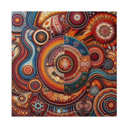 Aboriginal art inspired canvas print featuring multicolored concentric circles and swirling geometric patterns.