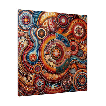 Aboriginal art inspired canvas print with concentric circles and spirals in red, orange, blue, and brown tones.