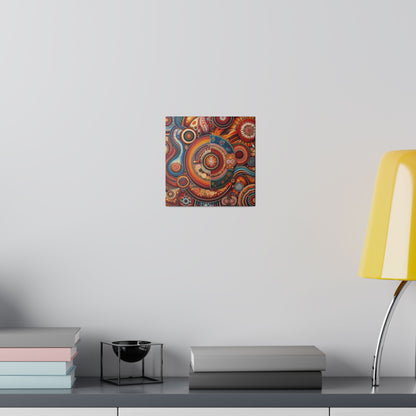 Small square abstract painting with colorful circular patterns hung on a light wall above a shelf with books and a yellow lamp.