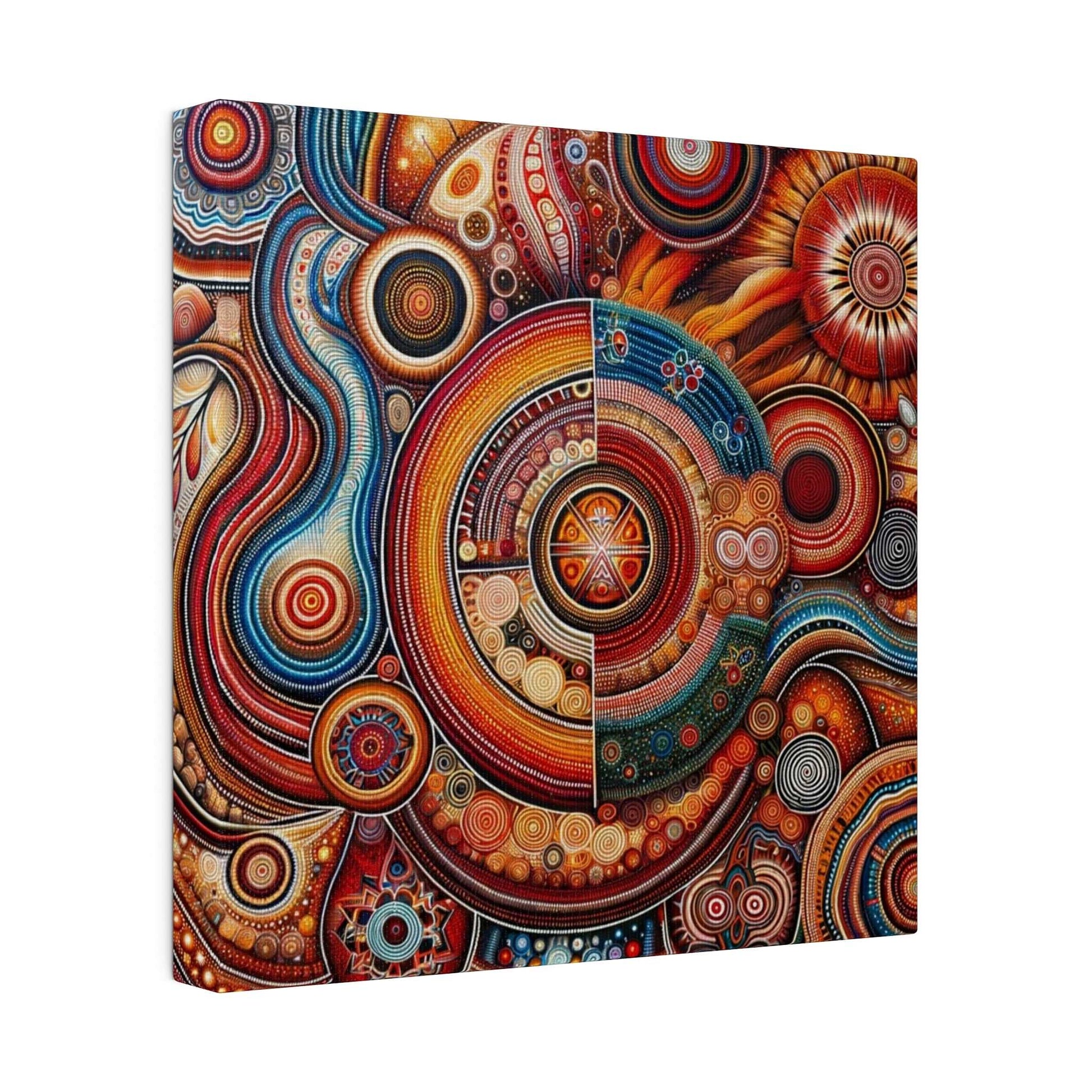 Canvas print titled Aboriginal Art Inspired: Cosmic Rhythms with swirling circular patterns in red, orange, blue, and yellow.