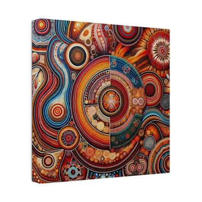 Canvas print titled Aboriginal Art Inspired: Cosmic Rhythms with swirling circular patterns in red, orange, blue, and yellow.