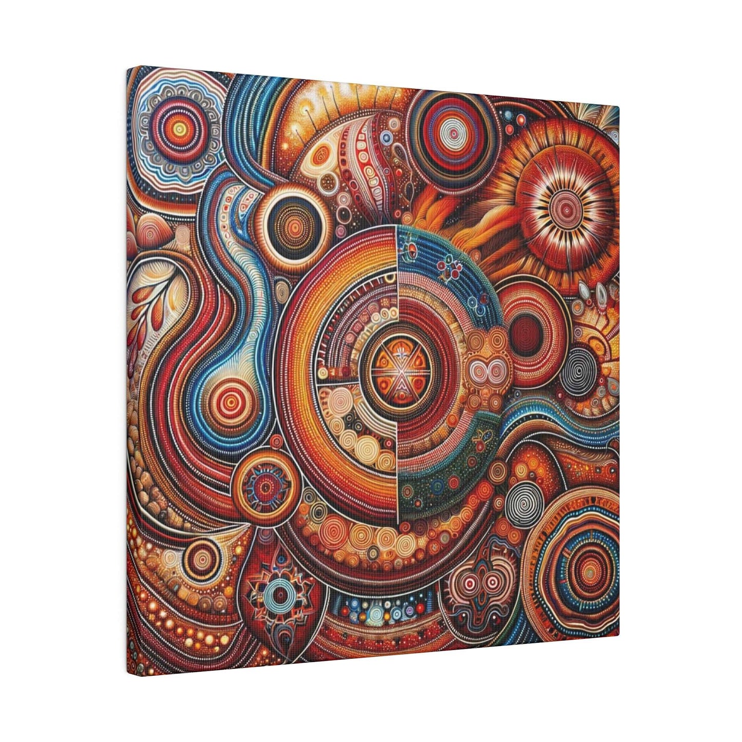 Aboriginal-inspired abstract canvas print featuring concentric circular patterns in orange, red, blue, and earth tones.