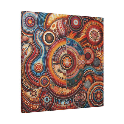 Aboriginal-inspired abstract canvas print featuring concentric circular patterns in orange, red, blue, and earth tones.
