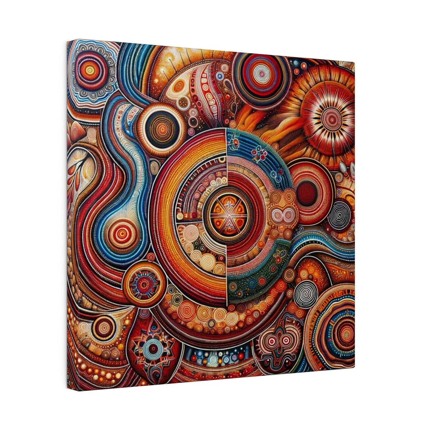 Aboriginal-inspired canvas print featuring vivid circular and spiral patterns in red, orange, blue, and yellow.