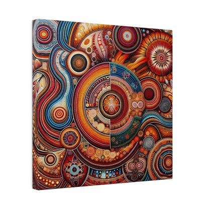 Aboriginal-inspired canvas print featuring vivid circular and spiral patterns in red, orange, blue, and yellow.