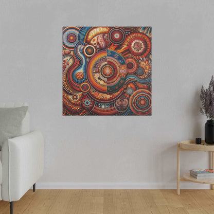 Square canvas print featuring Aboriginal art-inspired circular patterns in red, orange, and blue on a gray wall.