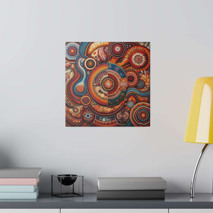 Colorful abstract canvas print with circular Aboriginal-inspired patterns hangs on a light gray wall above a desk.