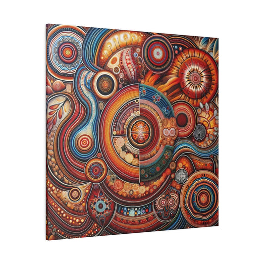 Close-up of a vibrant canvas print with circular, mandala-like patterns in red, orange, blue and gold.