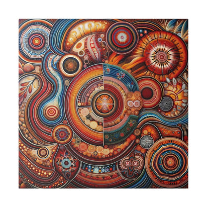 Abstract canvas print with Aboriginal-inspired circular motifs in red, orange, blue, and brown tones.