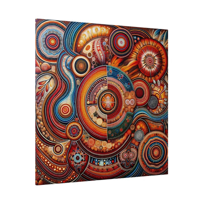 Aboriginal-style canvas print featuring colorful circular concentric patterns in red, orange, blue, and yellow.