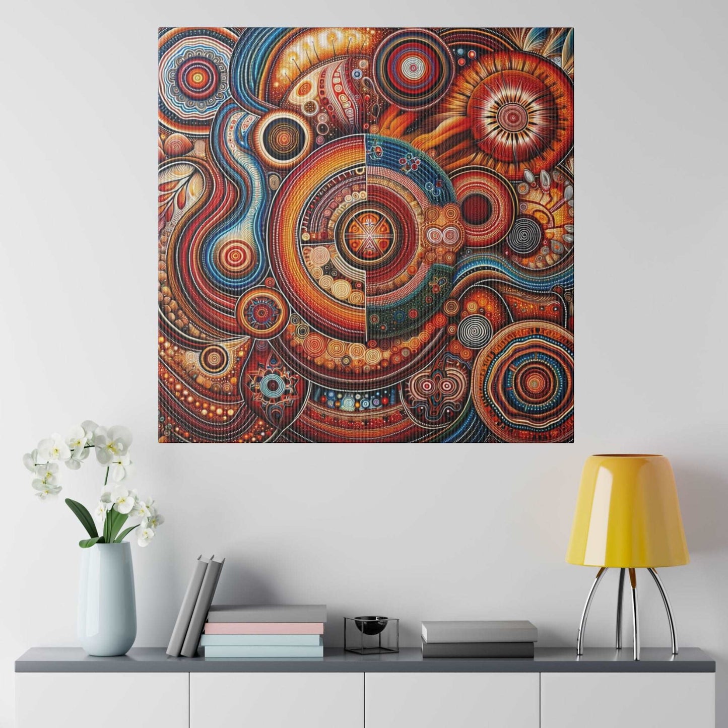 Abstract Aboriginal art canvas print featuring vivid concentric circles in orange, red, blue on a white wall.