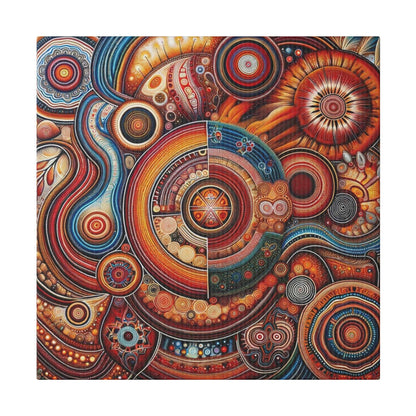 Abstract Aboriginal-inspired canvas print with concentric circles and spirals in vibrant reds, oranges, yellows, and blues.