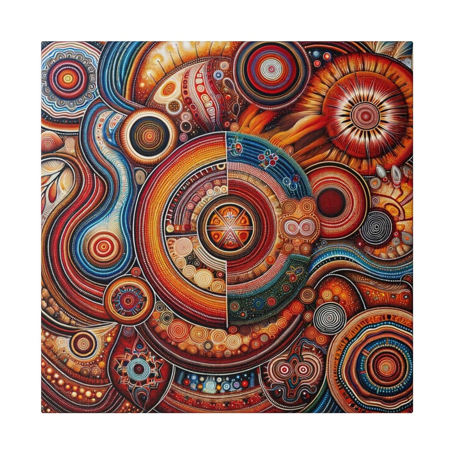 Aboriginal-inspired abstract canvas print featuring concentric circles and swirling patterns in red, orange, blue, and yellow.