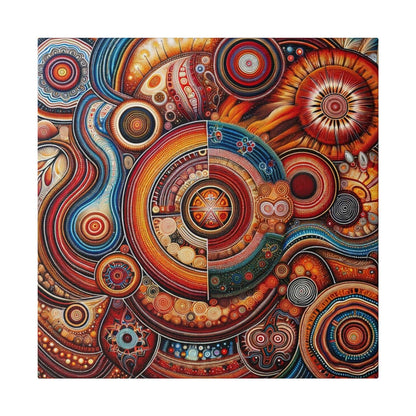 Aboriginal-inspired abstract canvas print featuring concentric circles and swirling patterns in red, orange, blue, and yellow.