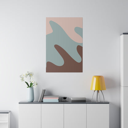 Vertical abstract print with pastel pink, blue, and brown organic shapes on a light wall.