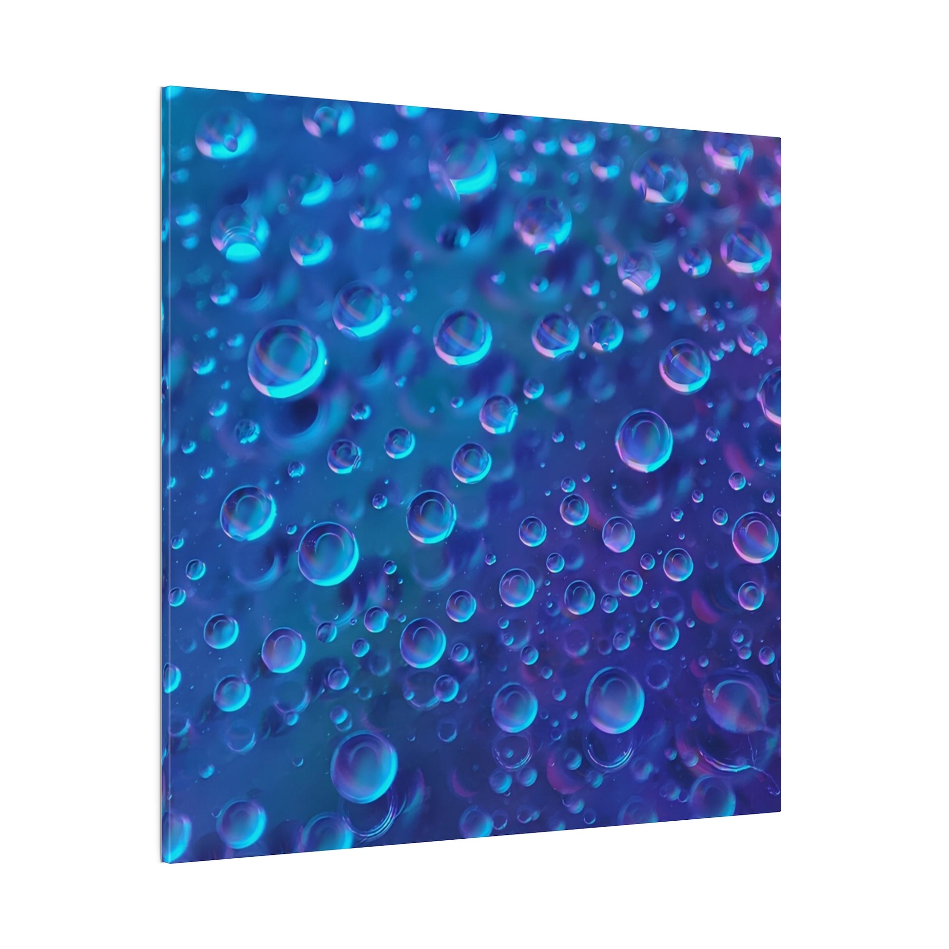 Close-up of blue and purple bubbles in liquid, with light reflections.