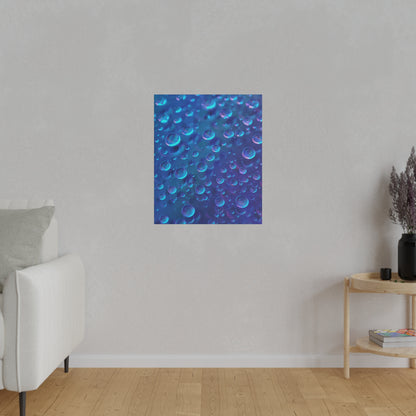 Blue abstract poster featuring numerous blue bubbles in a gradient, mounted on a light gray wall in a living room.