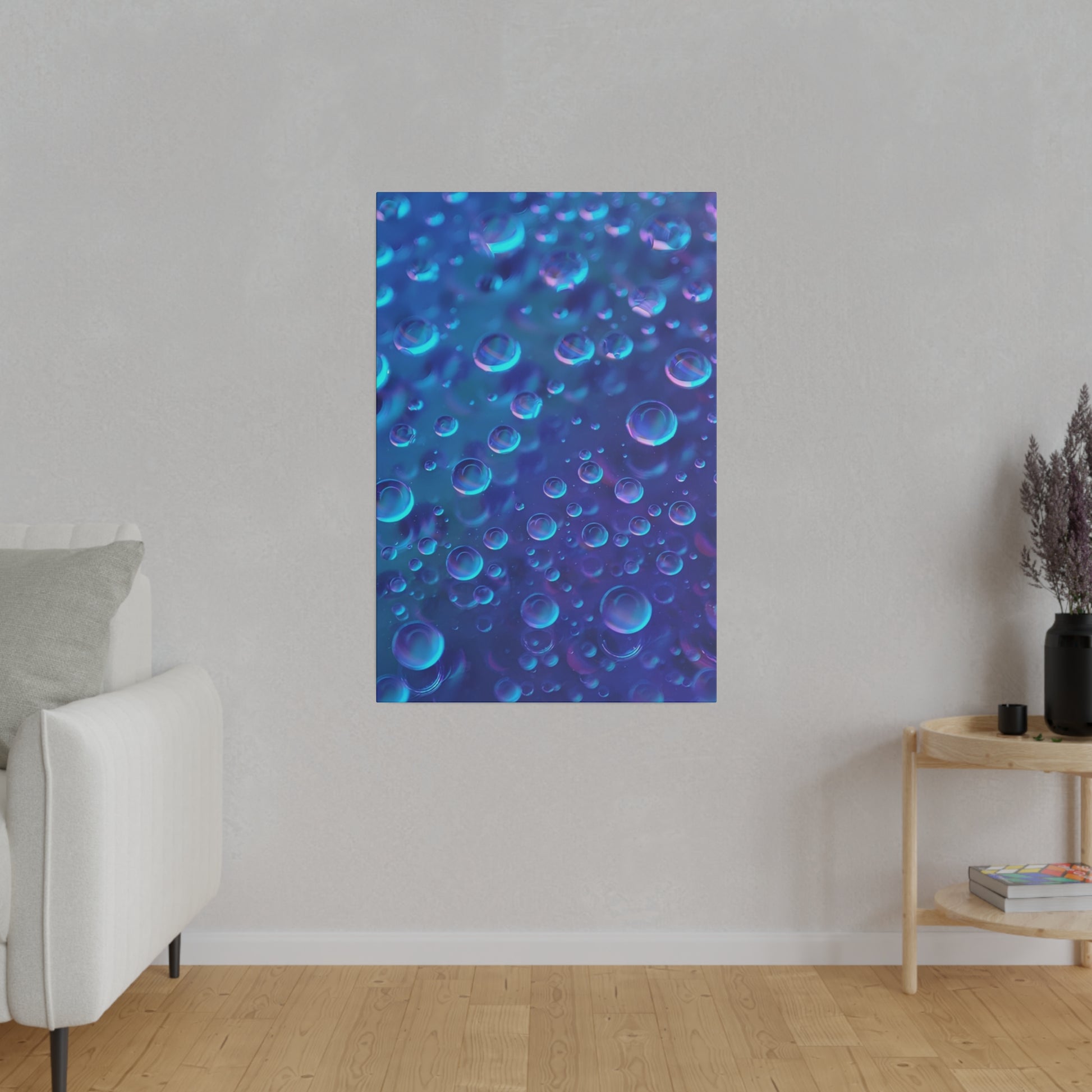 Vertical blue abstract poster showing numerous translucent bubbles of various sizes on a blue gradient background.