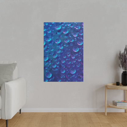 Vertical blue abstract poster showing numerous translucent bubbles of various sizes on a blue gradient background.