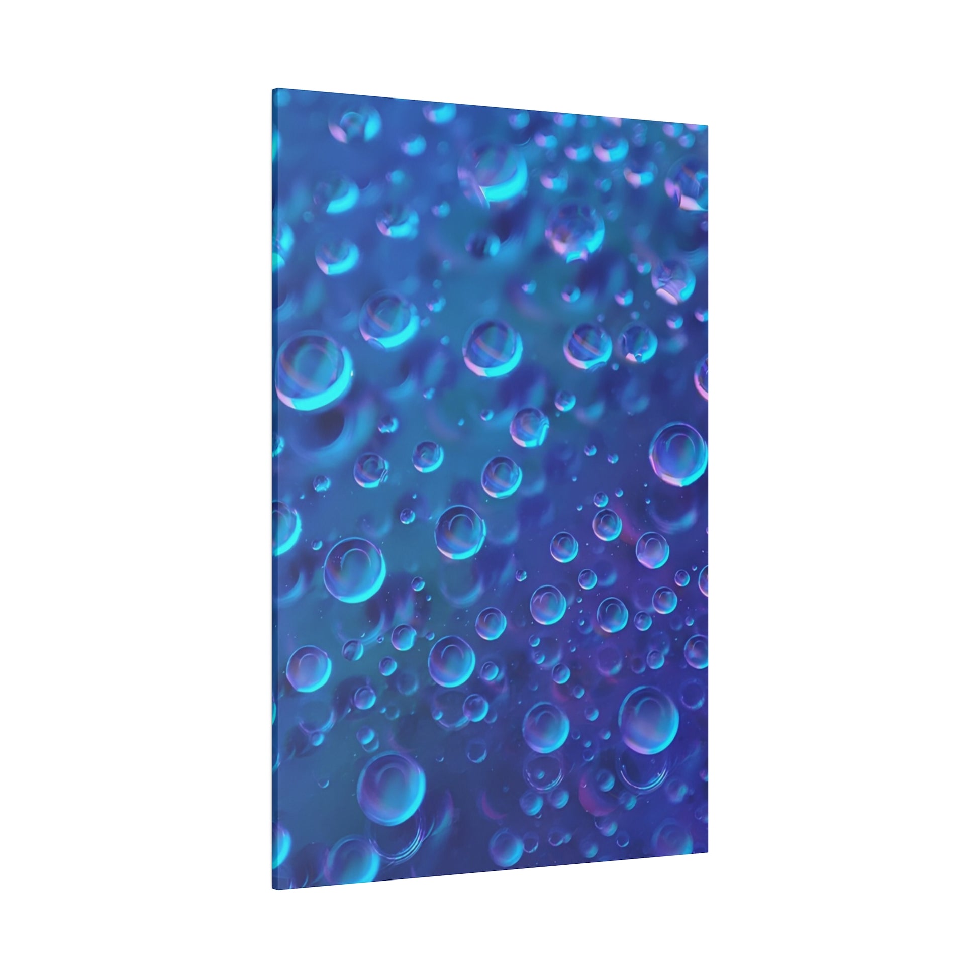 Vertical blue canvas print featuring a close-up of translucent bubbles in shades of blue and purple.