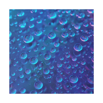 Close-up of iridescent blue and purple bubbles dispersed in a blue liquid surface.