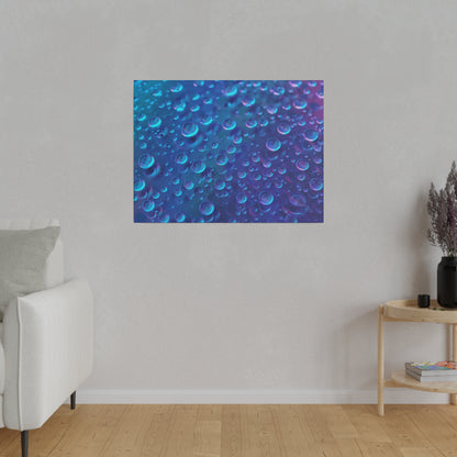 Blue abstract wall art with numerous teal and violet bubbles on a dark blue background mounted on a light gray wall.