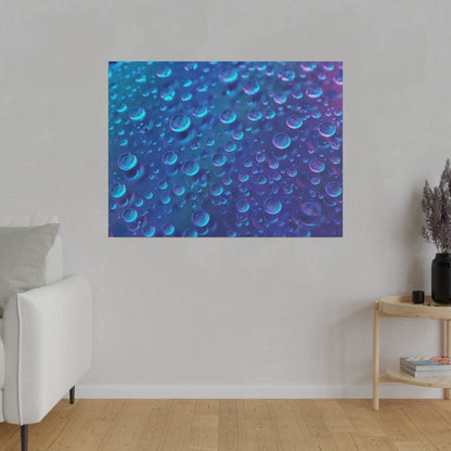 Blue abstract canvas print with numerous bubbles hangs on a light gray wall in a modern living room.