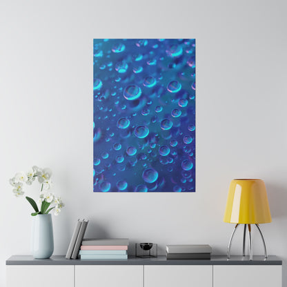 Blue abstract wall art showing numerous translucent bubbles of varying sizes against a deep blue background.