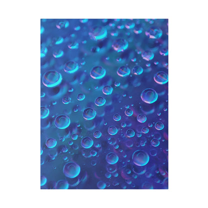Close-up of blue and purple bubbles dispersed in a liquid, varying in size against a blue background.
