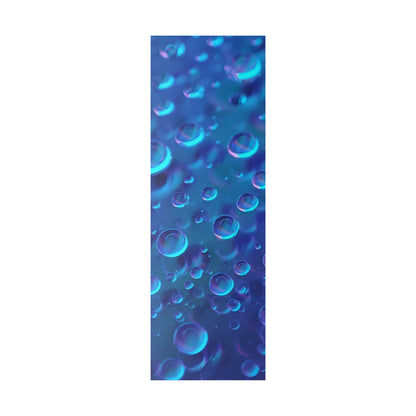 Vertical blue panel featuring numerous translucent bubbles in blue and purple hues, resembling underwater foam.