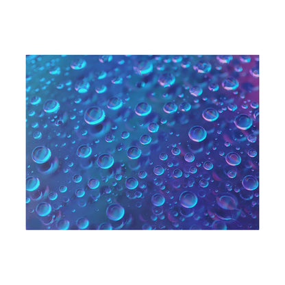 Close-up of translucent bubbles in blue and purple hues on a smooth liquid surface.