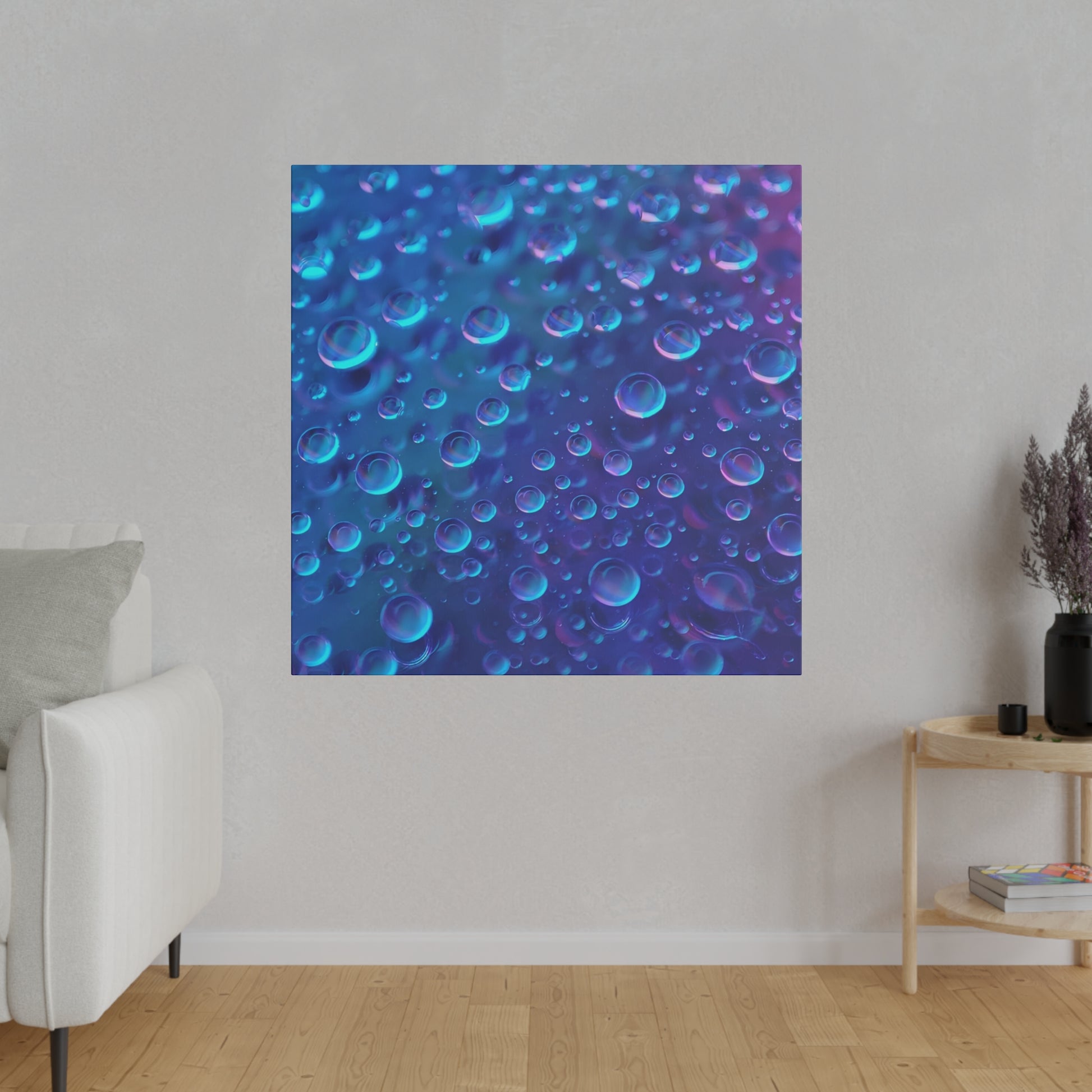 Square wall art print featuring a close-up of blue and purple bubbles with varied sizes.