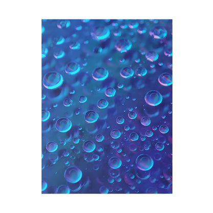 Close-up of various-sized blue and purple iridescent bubbles suspended in liquid.