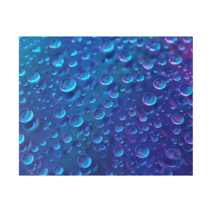 Close-up of numerous iridescent bubbles on a blue-purple background.