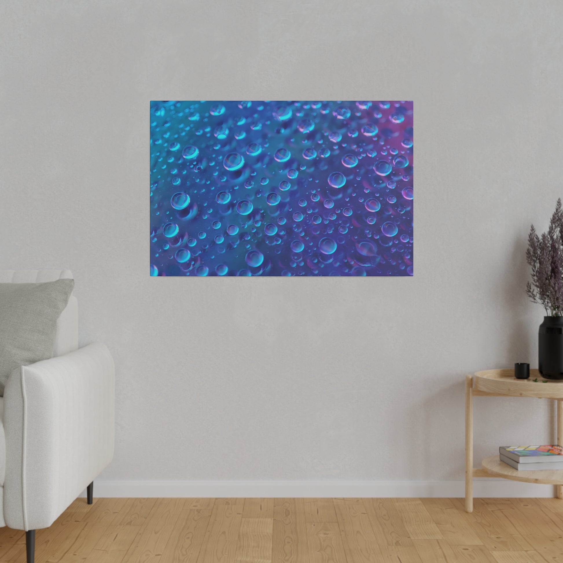 Blue and purple abstract wall art with numerous bubbles against a textured wall.
