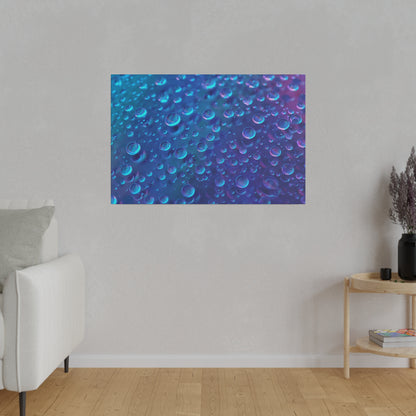 Blue and purple abstract wall art with numerous bubbles against a textured wall.