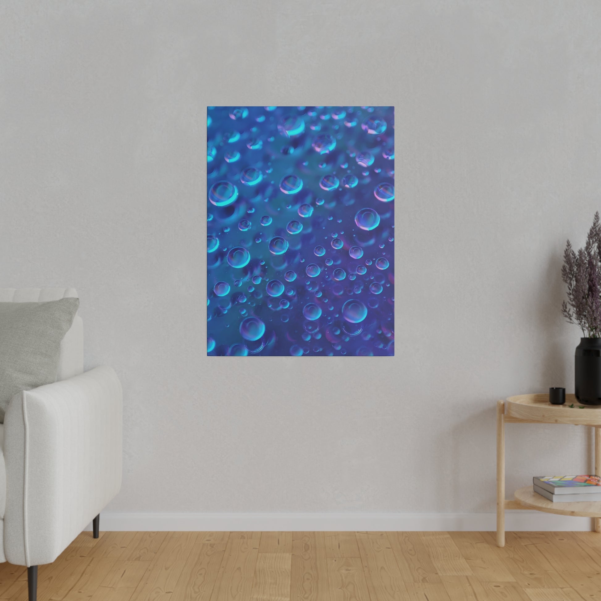 Blue abstract poster with numerous translucent bubbles in varying sizes on a blue gradient background.