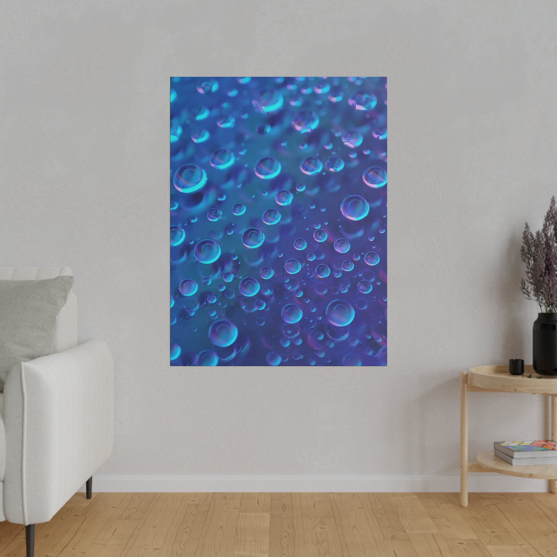 Vertical poster with an abstract blue bubble pattern, showing numerous small and large iridescent bubbles in teal and purple tones.