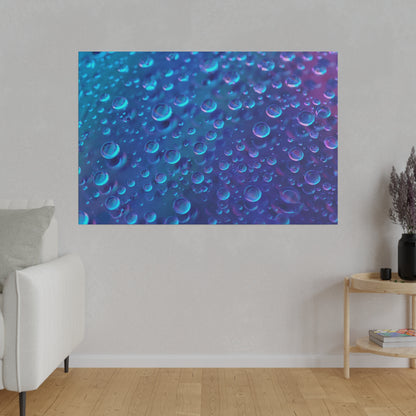 Large wall art print depicting blue and purple bubbles in a close-up, mounted on a light gray wall.
