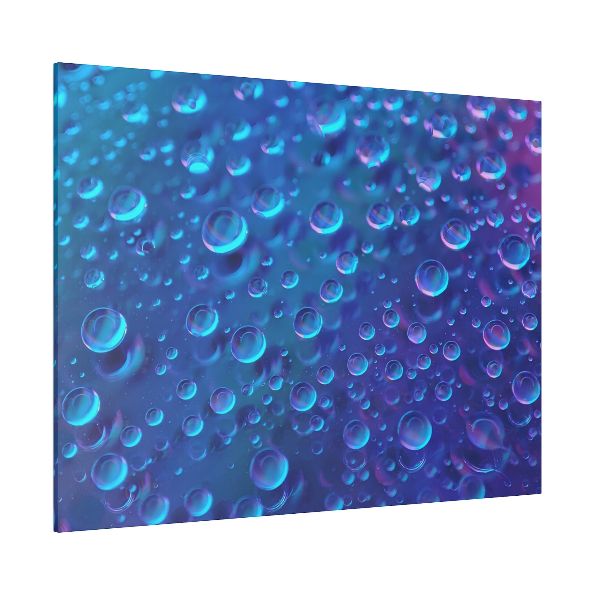 Canvas print featuring a close-up of blue and purple bubbles in a liquid, with circular shapes and iridescent highlights.