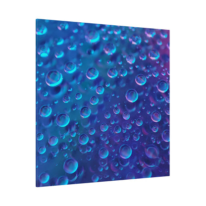 Close-up of numerous blue and purple bubbles suspended in clear liquid, creating a colorful abstract pattern.