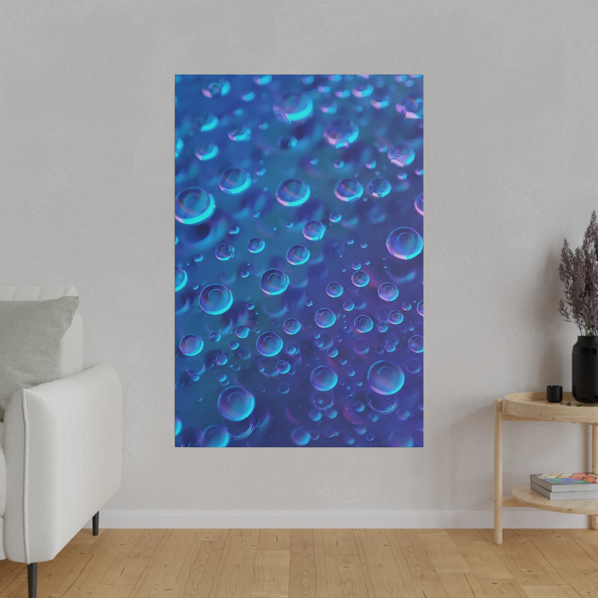 Blue abstract poster depicting numerous translucent bubbles of varying sizes on a blue-purple background, hung on a light gray wall.