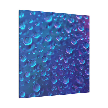 Close-up of blue and purple bubbles scattered on a glossy surface with iridescent highlights.